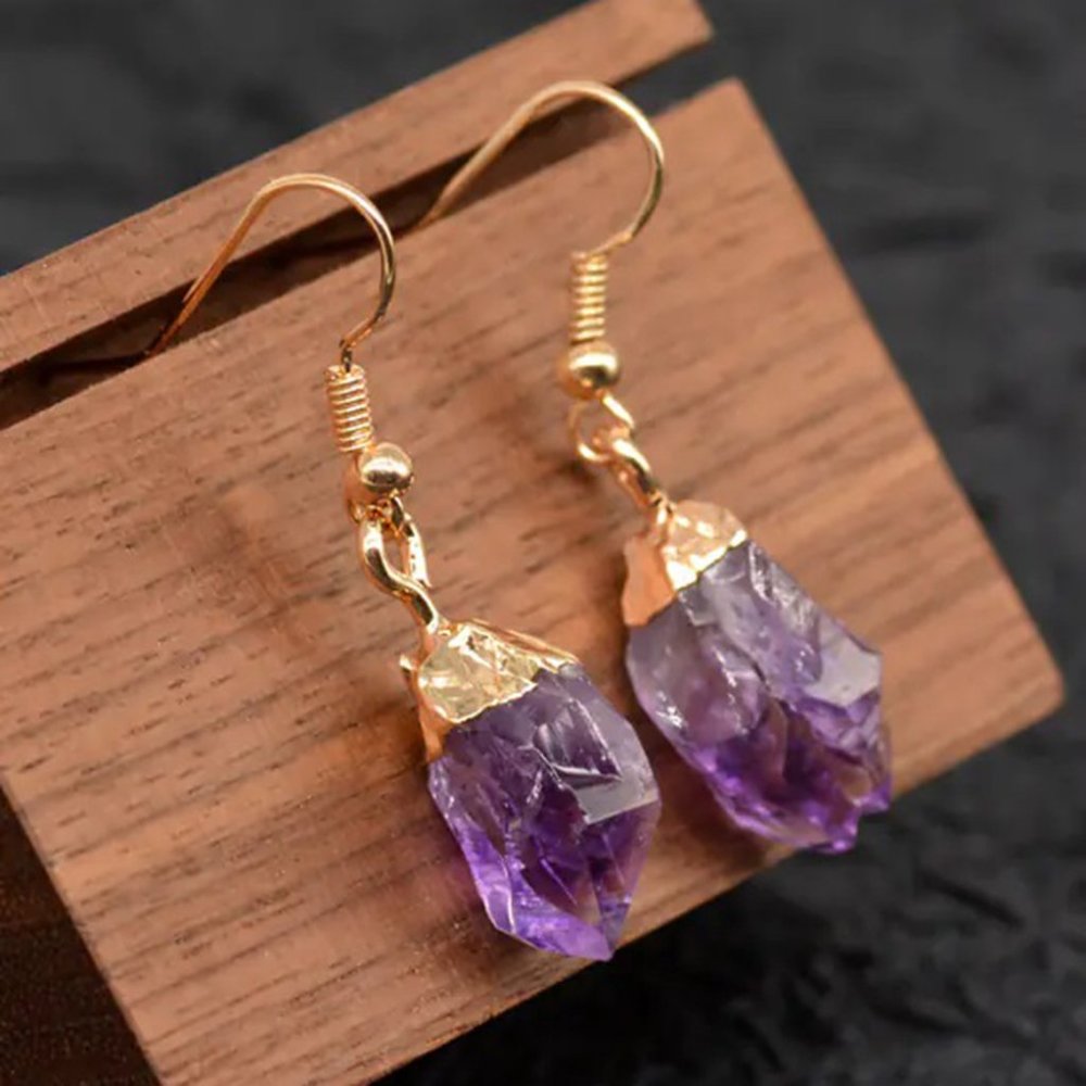 Natural Raw Amethyst Stone Dangle Earrings Purple Crystal Drop Earrings Handmade - Picture 1 of 5